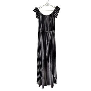 Ambiance Women's Size Medium Black White Striped On/Off Shoulder Hi Low Romper